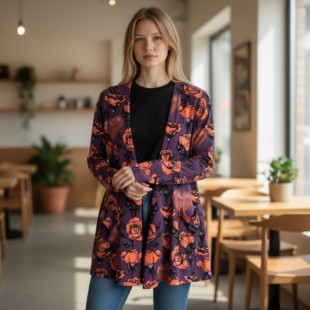 LuLaRoe Shirley Kimono Cardigan Womens Medium Purple Orange Rose Heart Floral M